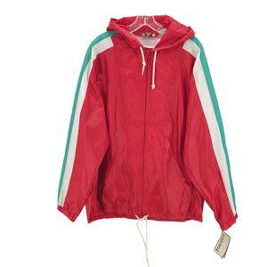 LACOSTE IZOD Vintage DEADSTOCK Jacket Hooded Windbreaker Red Green Stripe LARGE